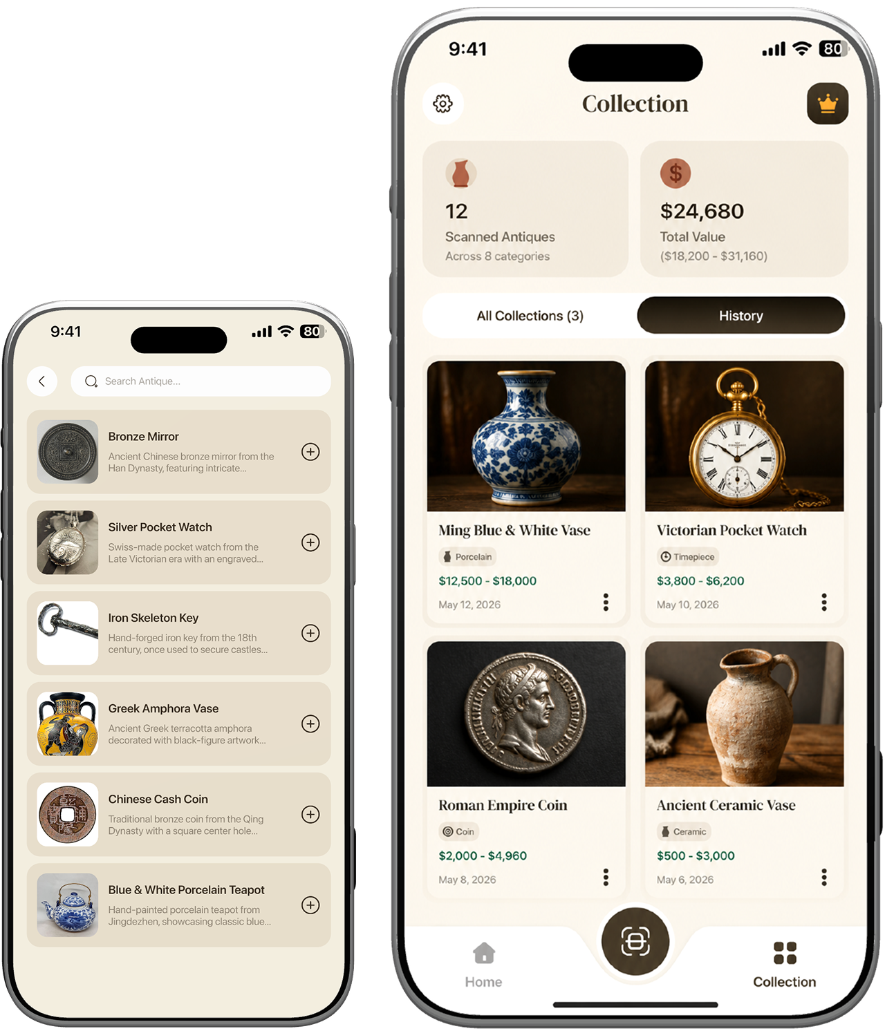 AntiqueAI search and collection screens